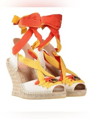 Gucci Orange and Yellow Ribbon Espadrille Wedge Sandals